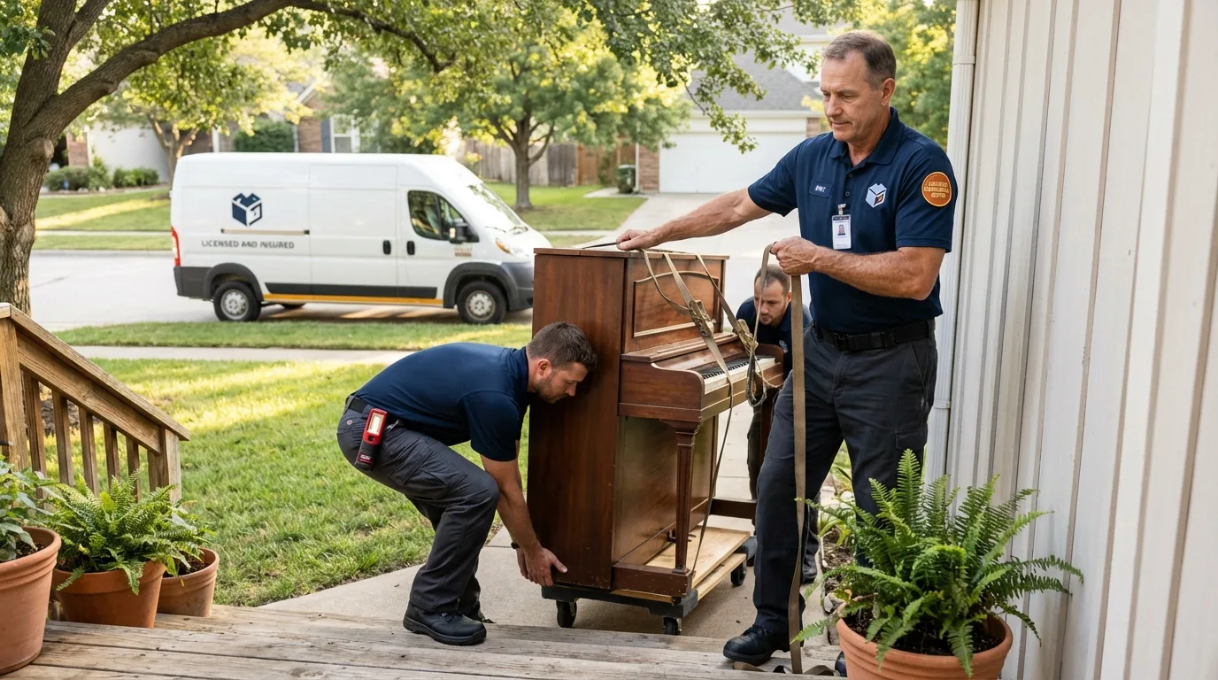Licensed piano movers securing grand piano in Morristown, TN