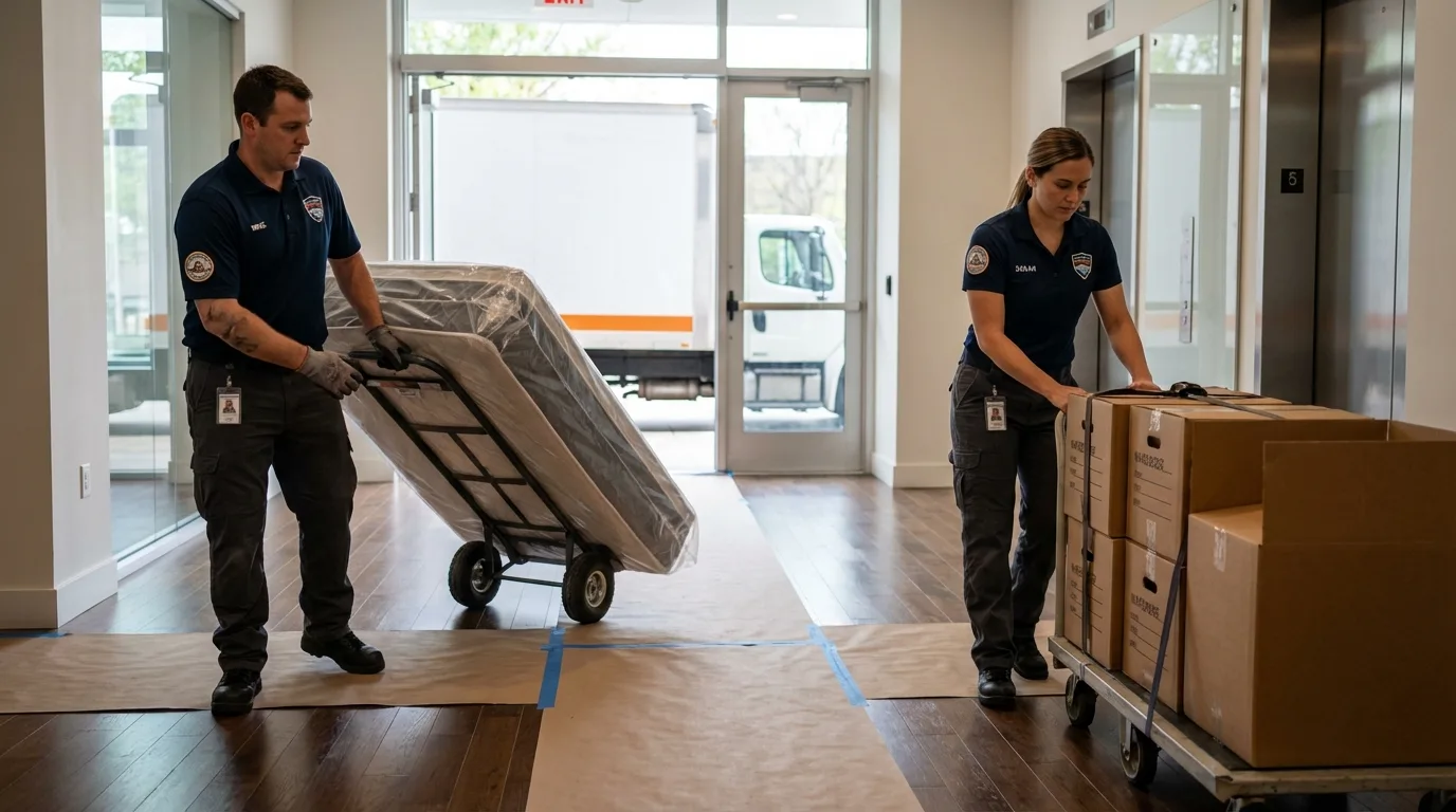 Professional apartment movers loading elevator in Morristown, TN